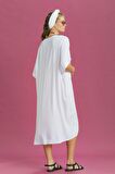 V Yaka Önü Düğümlü Beyaz Yarasa Kol Elbise
