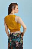 Lastikli Kolsuz Degaje Yaka Şık Crop Bluz