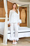 Cossy By Aqua Kadın Krem Otrişli Saten Pijama Takım A25583 