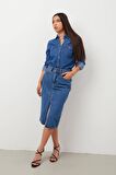 Kadın Yırtmaçlı Midi Jean Etek