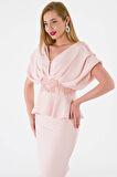 Kadın V Yaka Pudra Abiye Takım