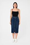 Önü Yan Düğmeli Midi Boy Likralı Lacivert Jean Etek