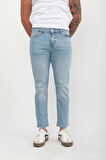 Erkek Slim Fit Normal Bel Düz Kesim Dar Paça Likralı Açık Mavi Jean Pantolon