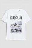 Kadın Bisiklet Yaka %100 Pamuk Bodrum Baskılı Kısa Kollu T-Shirt