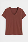 Kadın V Yaka Kısa Kollu Düz T-Shirt