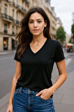 Kadın V Yaka Kısa Kollu Düz T-Shirt