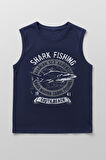Erkek %100 Pamuk Bisiklet Yaka Shark Baskılı Kolsuz T-shirt