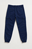 Kadın Kargo Cep Beli Lastikli Slim Fit Lacivert Jean Pantolon