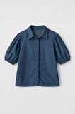 Kadın Balon Kollu %100 Pamuk Mavi Jean Gömlek