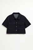 Kadın Regular Fit Cepli Lacivert Crop Jean Gömlek