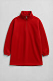 Kadın Yarım Fermuar İçi Polarlı Kırmızı Sweat Elbise