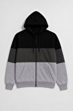 Erkek Fermuarlı Kapüşonlu Cepli İçi Polarlı Parçalı Sweatshirt