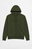 Erkek Fermuarlı Kapüşonlu İçi Polarlı Haki Sweatshirt
