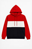 Erkek Kapüşonlu Cepli İçi Polarlı Parçalı Kırmızı Sweatshirt
