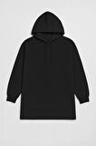 Kadın Kapüşonlu Cepli Siyah Tunik Sweatshirt