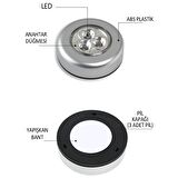 BUFFER® Kablosuz Dolap Spot Lamba Dokunmatik Pilli Led Lamba 3 Ledli Dolap Mutfak İçi Aydınlatma
