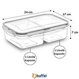 BUFFER® 2 Bölmeli 1+1 Litre Kilitli Kapaklı Erzak Saklama Kabı LC-525
