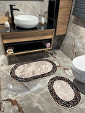 2 'li Leopar Desen Oval Banyo Paspası - Kahverengi Ebat (60X100 - 60X50)