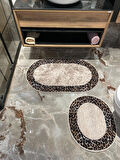 2 'li Leopar Desen Oval Banyo Paspası - Kahverengi Ebat (60X100 - 60X50)