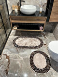 2 'li Leopar Desen Oval Banyo Paspası - Kahverengi Ebat (60X100 - 60X50)