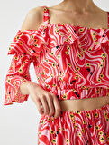 Desenli Crop Bluz Fırfırlı Omzu Açık
