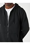 Dokulu Kapşonlu Fermuarlı Sweatshirt