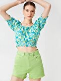 Kadın Giyim Bluz Crop Balon Kollu Gipe Detaylı 2SAK60239PW Mavi Desen