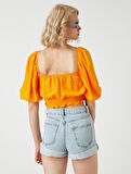 Crop Bluz Beli Lastikli Keten Karışımlı