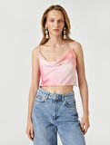 Saten Crop Abiye Bluz Askılı Degaje Yaka Renk Geçişli