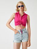 Crop Poplin Bluz Kolsuz Büzgülü Polo Yaka 