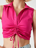 Crop Poplin Bluz Kolsuz Büzgülü Polo Yaka 