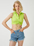 Crop Poplin Bluz Kolsuz Büzgülü Polo Yaka 