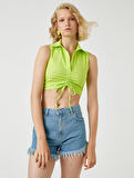 Crop Poplin Bluz Kolsuz Büzgülü Polo Yaka 