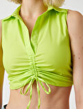 Crop Poplin Bluz Kolsuz Büzgülü Polo Yaka 