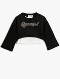 Crop Sweatshirt Uzun Geniş Kollu Renk Kontrastlı Bisiklet Yaka