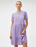 Kadın Giyim Kısa Elbise Katlı Kısa Kollu Bisiklet Yaka 3SAK80015EK Lila