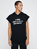 Basic Kapşonlu Spor Oversize Tişört Slogan Baskılı Kolsuz