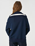 Oversize Sweatshirt Kolej Baskılı Yakası Fermuar Detaylı İçi Polarlı