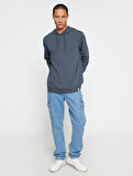 Basic Kapşonlu Sweatshirt Etiket Baskılı Uzun Kollu