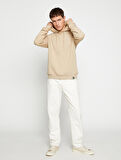 Basic Kapşonlu Sweatshirt Etiket Baskılı Uzun Kollu
