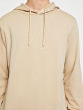 Basic Kapşonlu Sweatshirt Etiket Baskılı Uzun Kollu