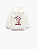 Unicorn Baskılı Kapşonlu Sweatshirt Şardonlu Uzun Kollu