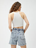 Crop Fitilli Atlet Halter Yaka Pencere Detaylı