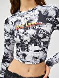 Crop Tişört Uzun Kollu Bisiklet Yaka Desenli