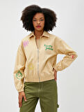 Bomber Ceket Fermuarlı Slogan İşlemeli Cep Detaylı Pamuklu