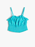 Keten Crop Bluz Askılı Fırfırlı Gipe Detaylı