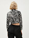 Zebra Desenli Saten Crop Gömlek Uzun Kollu