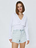 Gipeli Crop Bluz V Yaka Uzun Kollu