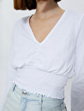 Gipeli Crop Bluz V Yaka Uzun Kollu