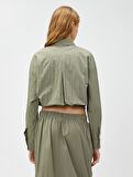Crop Gömlek Uzun Kollu Cep Detaylı Beli Lastikli Düğmeli